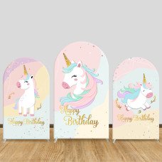 JY706 Unicorn Gold Foil Happy Birthday Arch Backdrop Cover, Elastic Fabric Arch for Girls Birthday, Sweet Party Decoration