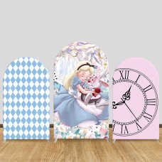 JY712 Alice In Wonderland Rabbit Clock Arch Backdrop Cover, Elastic Fabric Arch for Girls Birthday, Fairy Tale Party Decoration