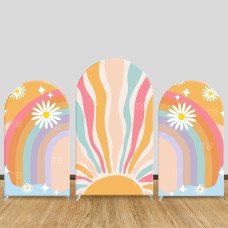 JY714 Boho Sun Daisy Rainbow Arch Backdrop Cover, Elastic Fabric Arch for Girls Birthday, Groovy Summer Party Decoration