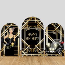 JY715 Great Gatsby Black Gold Birthday Arch Backdrop Cover, Elastic Fabric Arch for Adult Birthday, Roaring 20s Party Decoration
