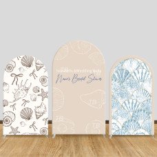 JY716 Seashells & Wedding Bells Bridal Shower Arch Backdrop Cover, Watercolor Elastic Fabric Arch for Beach Wedding, Coastal Bridal Shower