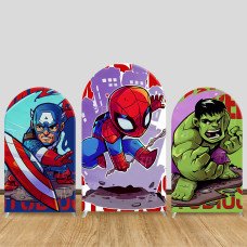 JY717 Marvel Chibi Superhero Arch Backdrop Cover, Elastic Fabric Arch for Kids Birthday, Superhero Party Decoration