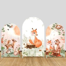 JY723 Woodland Animal Fox Deer Arch Backdrop Cover, Watercolor Elastic Fabric Arch for Baby Shower, Nature Themed Party