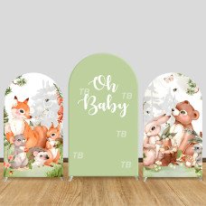 JY723 Woodland Critters Oh Baby Arch Backdrop Cover, Watercolor Elastic Fabric Arch for Baby Shower, Cute Animal Party