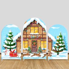 JY725 Christmas Santa Claus Snow House Arch Backdrop Cover, Elastic Fabric Arch for Christmas Party, Winter Holiday Decoration
