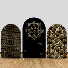 JY730 Great Gatsby Black Gold Birthday Arch Backdrop Cover, Elastic Fabric Arch for Adult Birthday, Roaring 20s Party Decoration