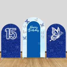 JY730 Blue Glitter 15th Birthday Butterfly Arch Backdrop Cover, Elastic Fabric Arch for Quinceañera, Sweet 15 Party Decoration
