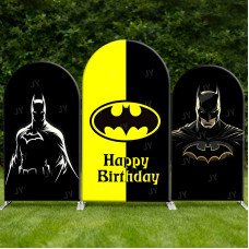 JY731 Batman Yellow Black Happy Birthday Arch Backdrop Cover, Elastic Fabric Arch for Boys Birthday, Superhero Party Decoration