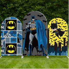 JY733 Batman Collage Chibi City Arch Backdrop Cover, Elastic Fabric Arch for Boys Birthday, Superhero Party Decoration