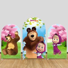 JY741 Masha and the Bear Arch Backdrop Cover, Elastic Fabric Arch for Kids Birthday, Cute Animal Party Decoration