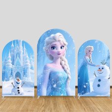JY752 Frozen Elsa Castle Build Snowman Arch Backdrop Cover, Elastic Fabric Arch for Girls Birthday, Frozen Winter Wonderland