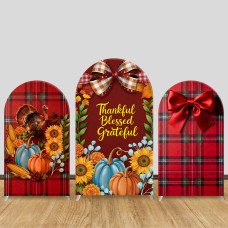 JY754 Thanksgiving Turkey Pumpkin Plaid Arch Backdrop Cover, Elastic Fabric Arch for Fall Harvest Party, Family Dinner Decoration