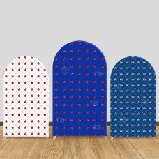 JY757 Strawberry Crown Plaid Arch Backdrop Cover, Elastic Fabric Arch for Princess Party, Red Blue Gold Themed Decoration
