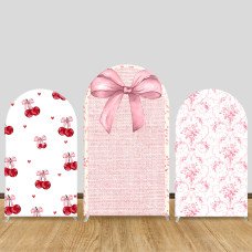 JY759 Cherry Bow Pink Arch Backdrop Cover, Watercolor Elastic Fabric Arch for Girls Birthday, Sweet Coquette Party