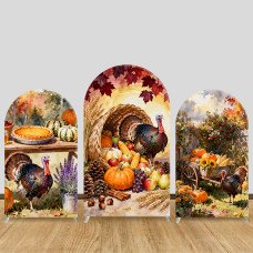 JY761 Thanksgiving Turkey Harvest Cornucopia Arch Backdrop Cover, Watercolor Elastic Fabric Arch for Fall Harvest Party