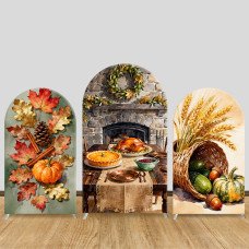 JY761 Thanksgiving Fireplace Harvest Watercolor Arch Backdrop Cover, Elastic Fabric Arch for Fall Dinner, Autumn Holiday Decoration