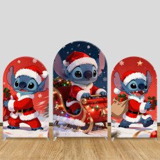 JY763 Stitch Christmas Sleigh Arch Backdrop Cover, Elastic Fabric Arch for Kids Christmas, Disney Holiday Party