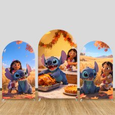 JY765 Stitch Lilo Thanksgiving Harvest Arch Backdrop Cover, Elastic Fabric Arch for Kids Thanksgiving, Disney Fall Party