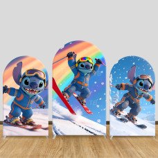 JY767 Stitch Skiing Rainbow Arch Backdrop Cover, Elastic Fabric Arch for Kids Winter Party, Snow Sports Themed Decoration