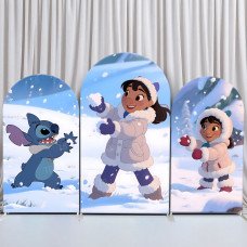 JY770  Stitch Lilo Snowball Fight Arch Backdrop Cover, Elastic Fabric Arch for Kids Winter Birthday, Christmas Party Decoration