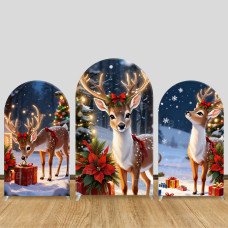 JY781  Christmas Reindeer Red Bow Arch Backdrop Cover, Elastic Fabric Arch for Christmas Party, Winter Wonderland Decoration