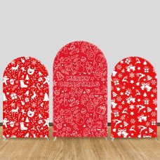JY782  Christmas Red White Doodle Arch Backdrop Cover, Elastic Fabric Arch for Christmas Party, Festive Holiday Decoration