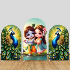 JY809 Little Krishna Radha Peacock Arch Backdrop Cover, Elastic Fabric Arch for Hindu Festival, Kids Birthday Party