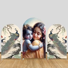 JY810 Krishna Mother Hug Peacock Arch Backdrop Cover, Elastic Fabric Arch for Hindu Festival, Family Blessing Party