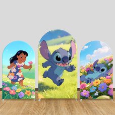 JY818 Stitch Lilo Spring Flower Field Arch Backdrop Cover, Elastic Fabric Arch for Kids Birthday, Garden Themed Party