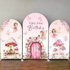 JY826 Fairy First Birthday Watercolor Arch Backdrop Cover, Elastic Fabric Arch for Girls 1st Birthday, Mushroom Garden Party