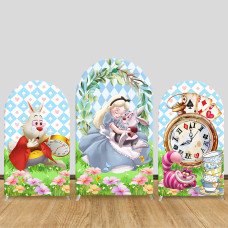 JY827 Alice in Wonderland Clock Teacup Arch Backdrop Cover, Elastic Fabric Arch for Kids Birthday, Fairy Tale Mad Tea Party