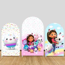 JY860 Gabby's Dollhouse Cat Cupcake Arch Backdrop Cover, Elastic Fabric Arch for Girls Birthday, Sweet Cat Themed Party