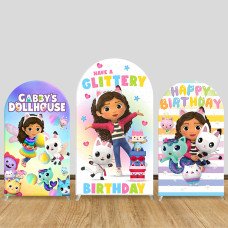 JY860 Gabby's Dollhouse Glittery Birthday Arch Backdrop Cover, Elastic Fabric Arch for Girls Birthday, Kids Party Decoration