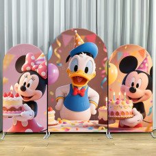 JY868 Mickey Minnie Donald Duck Birthday Cake Arch Backdrop Cover, Elastic Fabric Arch for Kids Birthday Party, Celebration Decoration