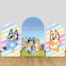 JY893 Bluey Happy Birthday Arch Backdrop Cover, Elastic Fabric Arch for Kids Birthday, Cartoon Dog Family Party
