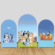 JY894 Bluey Family Happy Birthday Arch Backdrop Cover, Elastic Fabric Arch for Kids Birthday, Bluey Themed Party