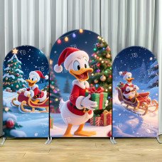 JY897 Donald Duck Christmas Sleigh Gift Arch Backdrop Cover, Elastic Fabric Arch for Christmas Party, Winter Holiday Decoration