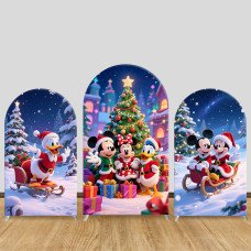 JY902 Mickey Minnie Donald Duck Christmas Sleigh Arch Backdrop Cover, Elastic Fabric Arch for Christmas Party, Disney Winter Party
