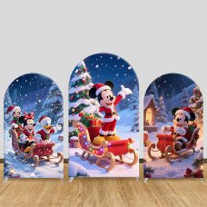 JY903 Mickey Mouse Christmas Sleigh Gift Arch Backdrop Cover, Elastic Fabric Arch for Christmas Party, Snowy Holiday Decoration