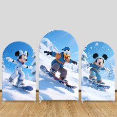 JY912 Mickey Minnie Donald Duck Snowboarding Winter Arch Backdrop Cover, Elastic Fabric Arch for Kids Birthday, Snow Party Decoration