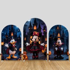 JY919 Mickey Minnie Donald Duck Halloween Moonlight Castle Arch Backdrop Cover, Elastic Fabric Arch for Kids Halloween, Spooky Night Decoration