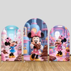 JY923 Minnie Mouse Chocolate Factory Arch Backdrop Cover, Elastic Fabric Arch for Kids Birthday, Sweet Treat Party Decoration