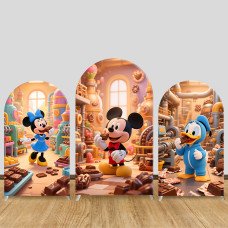 JY924 Mickey Minnie Donald Duck Chocolate Factory Arch Backdrop Cover, Elastic Fabric Arch for Kids Birthday, Candy Party Decoration