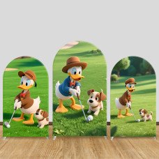 JY925 Donald Duck Golfing with Puppy Arch Backdrop Cover, Elastic Fabric Arch for Kids Birthday, Outdoor Sports Party Decoration