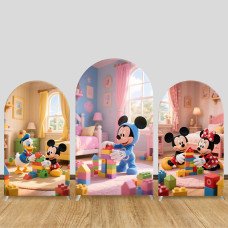 JY928 Mickey Minnie Donald Duck Building Blocks Play Arch Backdrop Cover, Elastic Fabric Arch for Kids Birthday, Nursery Party Decoration