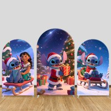 JY932 Lilo & Stitch Christmas Sleigh Arch Backdrop Cover, Elastic Fabric Arch for Christmas Party, Winter Holiday Decoration