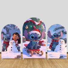 JY933 Lilo & Stitch Snowman Building Arch Backdrop Cover, Elastic Fabric Arch for Christmas Party, Snowy Winter Decoration