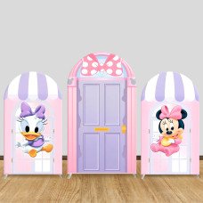 JY975 Daisy Duck & Minnie Mouse Pink Purple Shop Arch Backdrop Cover, Elastic Fabric Arch for Girls Birthday, Cute Party Decoration
