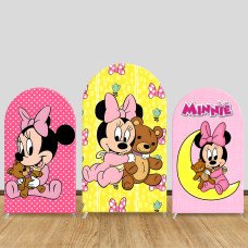 JY985 Baby Minnie Mouse with Teddy Bear Arch Backdrop Cover, Elastic Fabric Arch for Baby Shower, Pink Yellow Party Decoration