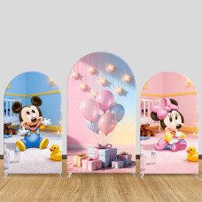 JY991 Baby Mickey & Minnie Mouse Nursery Arch Backdrop Cover, Elastic Fabric Arch for Baby Shower, Blue Pink Party Decoration